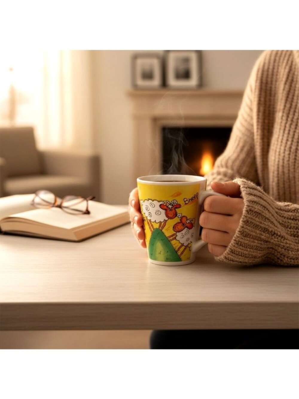 Hill Top Sheep Ceramic Coffee Mug Yellow & Green Cartoon Sheep Design By Elegant